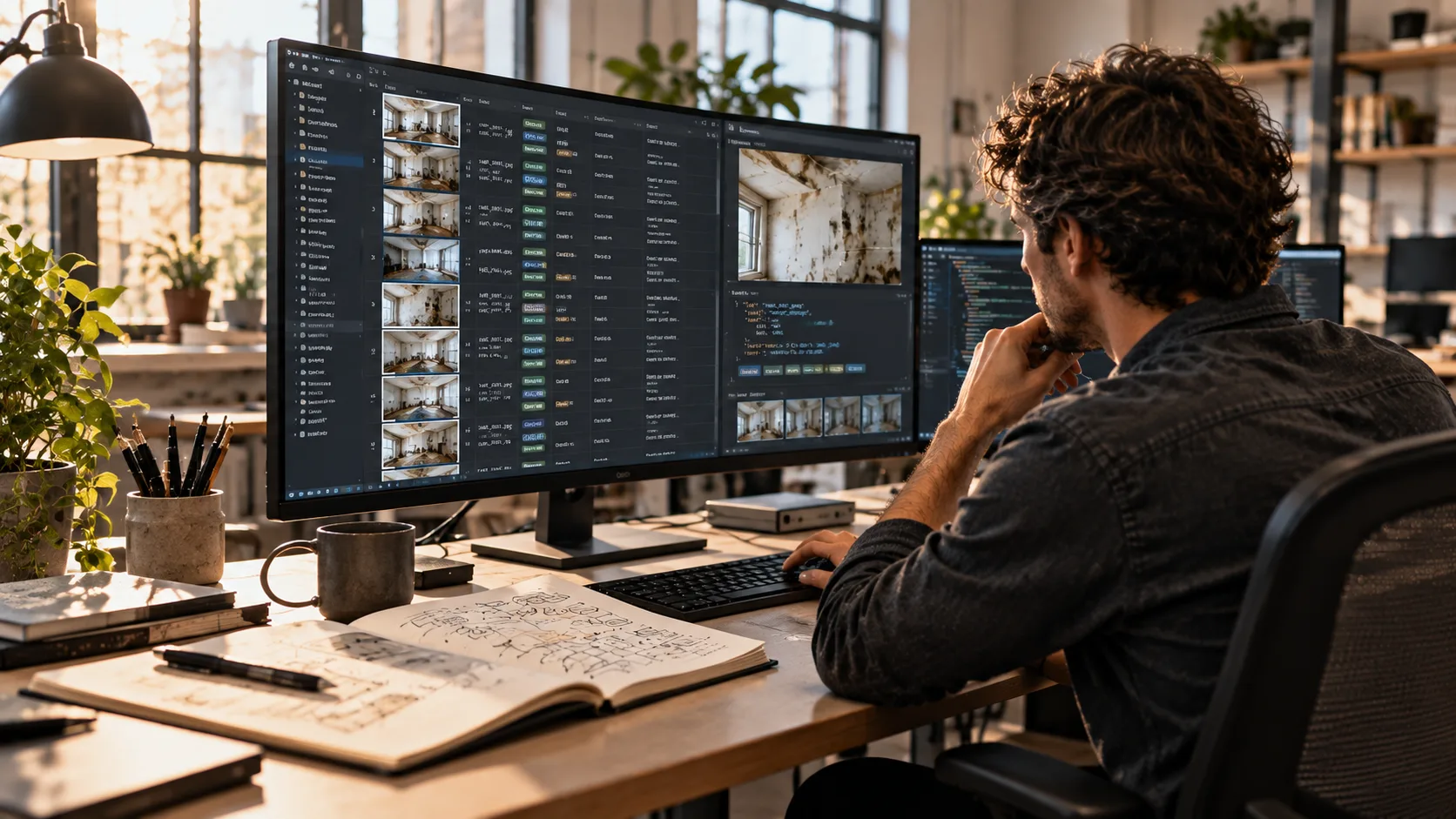 A machine learning engineer reviewing rows of labeled room images on a wide monitor, a sketchbook open beside the keyboard