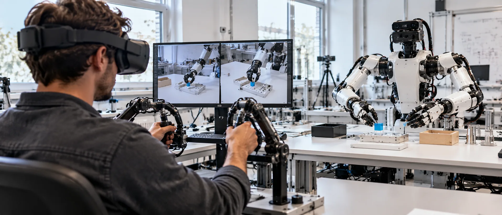 An operator in a VR headset steering leader arms while a humanoid robot places a block at a lab bench
