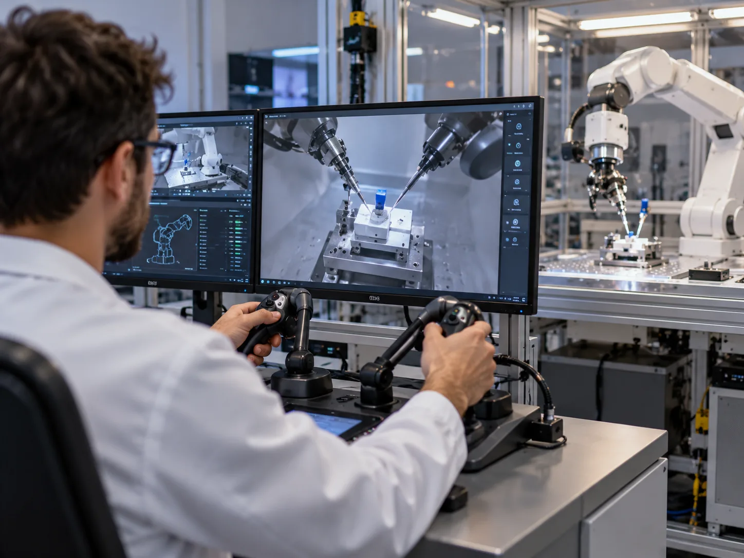 An operator teleoperating a robot arm in a lab