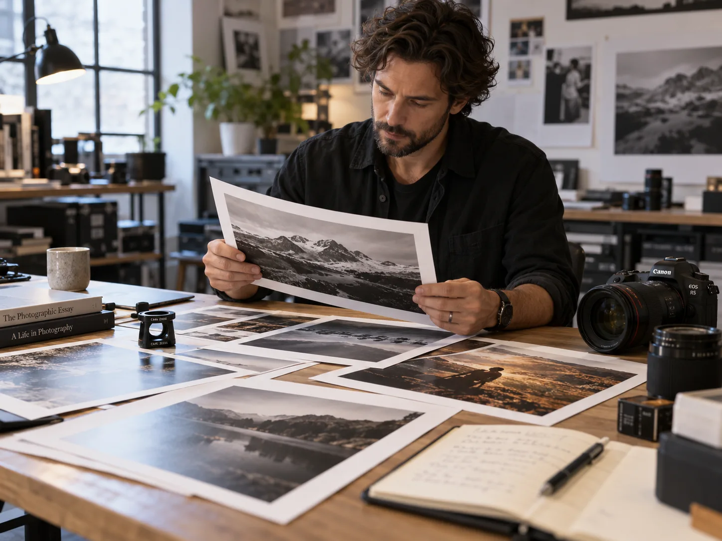 A photographer reviewing prints spread across a studio table