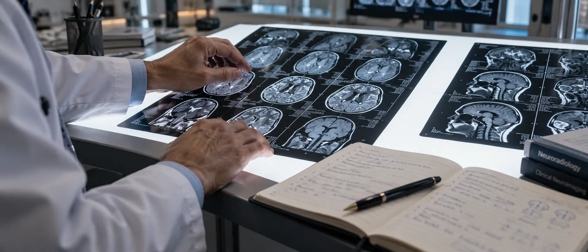 A specialist reviewing medical scans on a light table