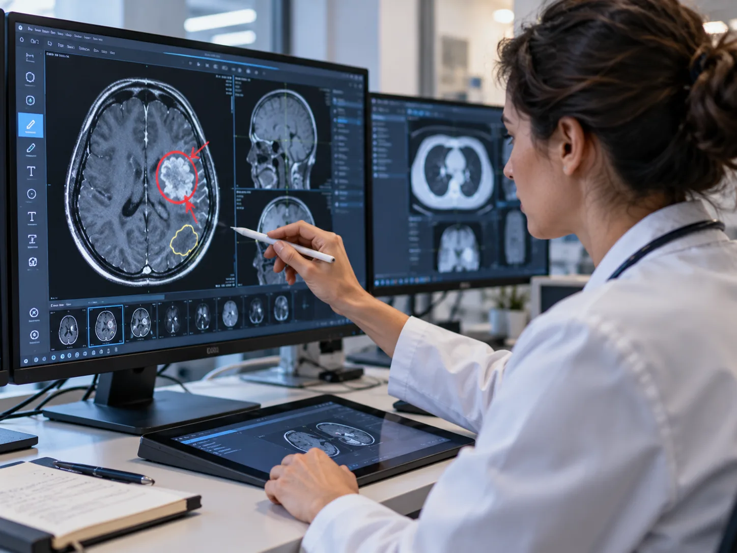 A physician annotating images on a monitor with a stylus