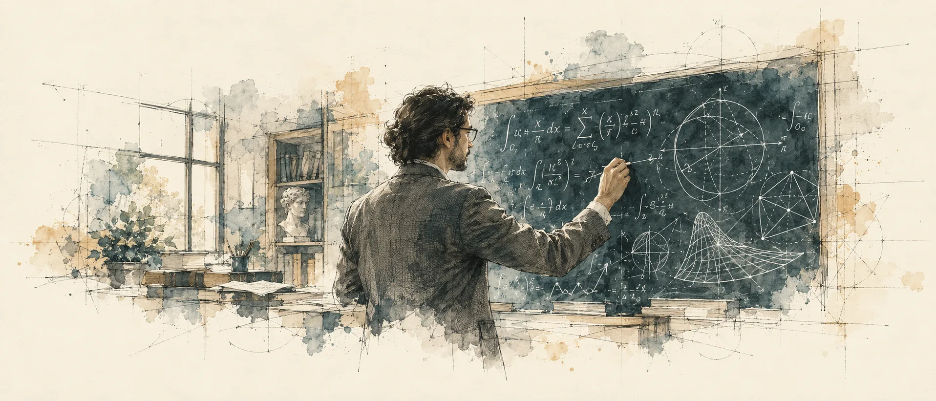 A mathematician working through integrals and geometric diagrams on a chalkboard in a study